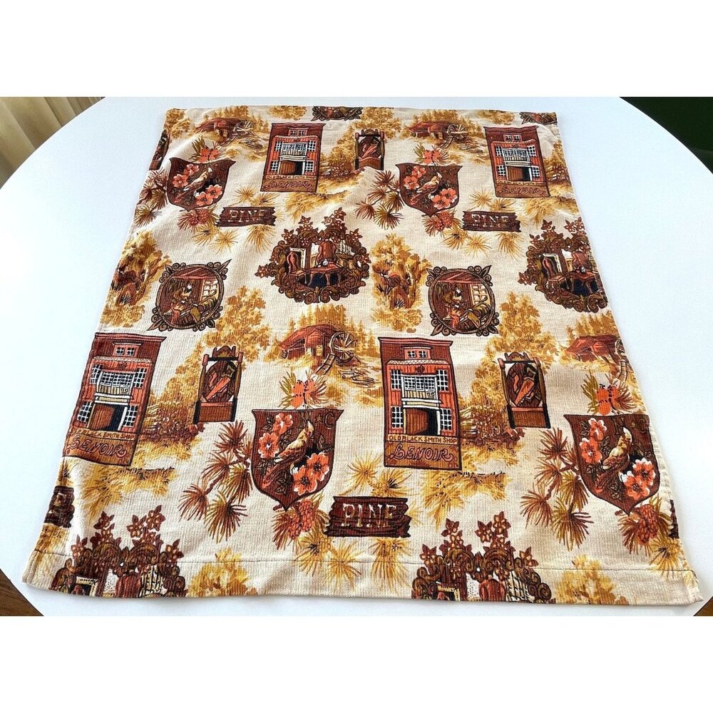 Vintage 70s curtains, brown, orange old fashion print, rod header, single panel